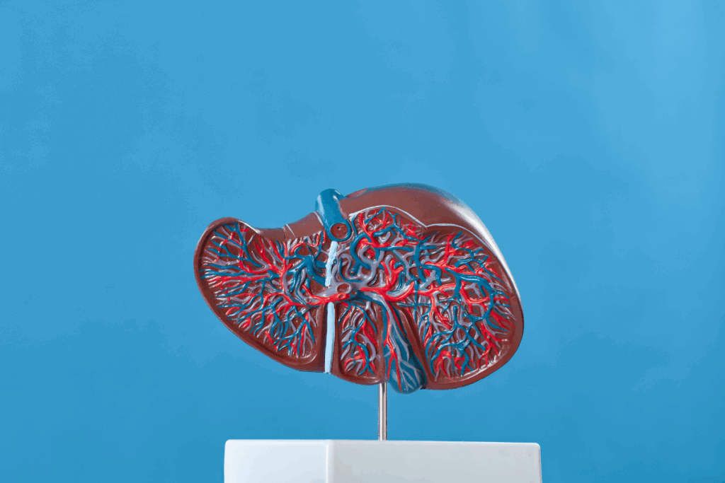 肝脏解剖模型展示血管结构,用于说明肝纤维化相关内容